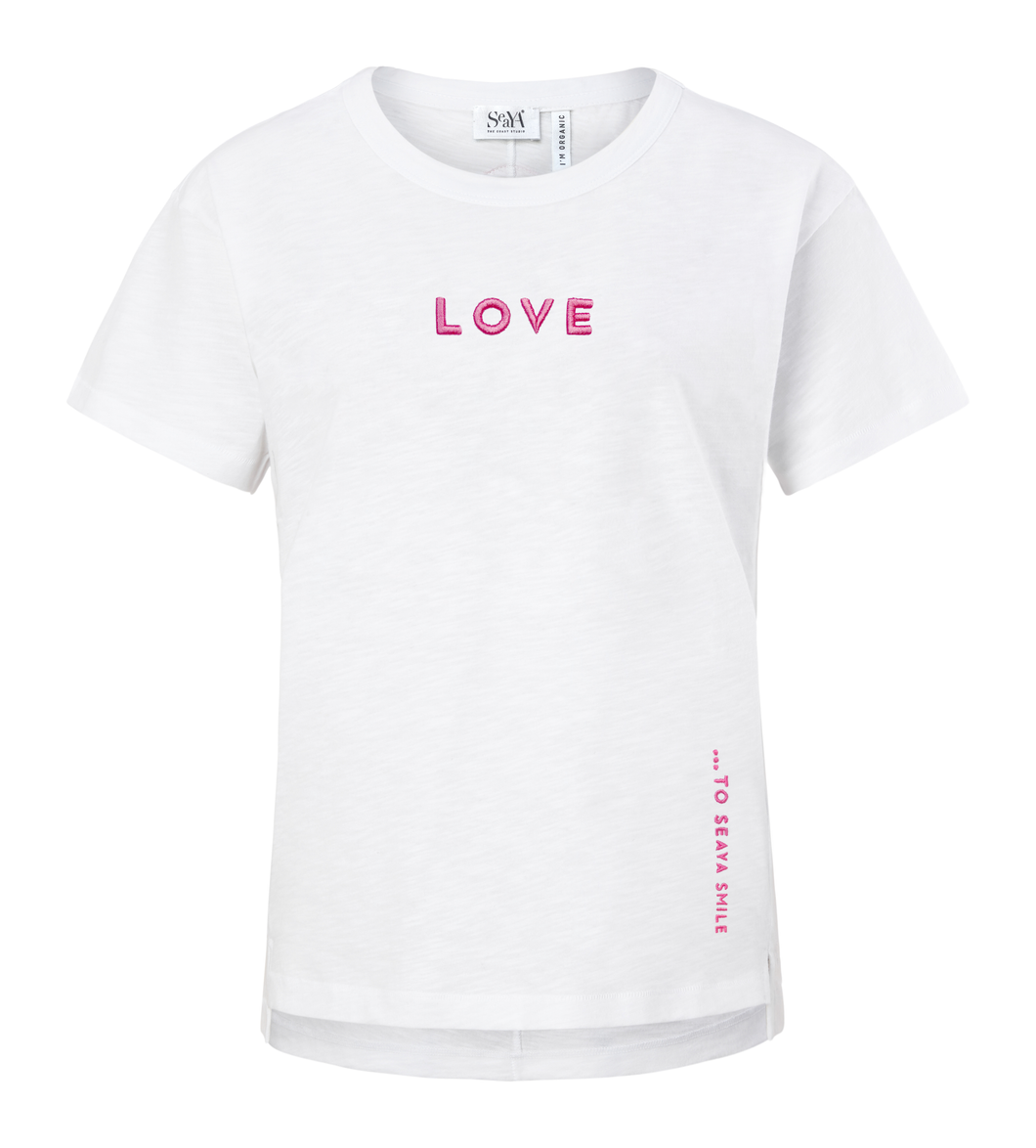 weißes T-Shirt aus Orgnic Cotton mit Stickerei in Pink