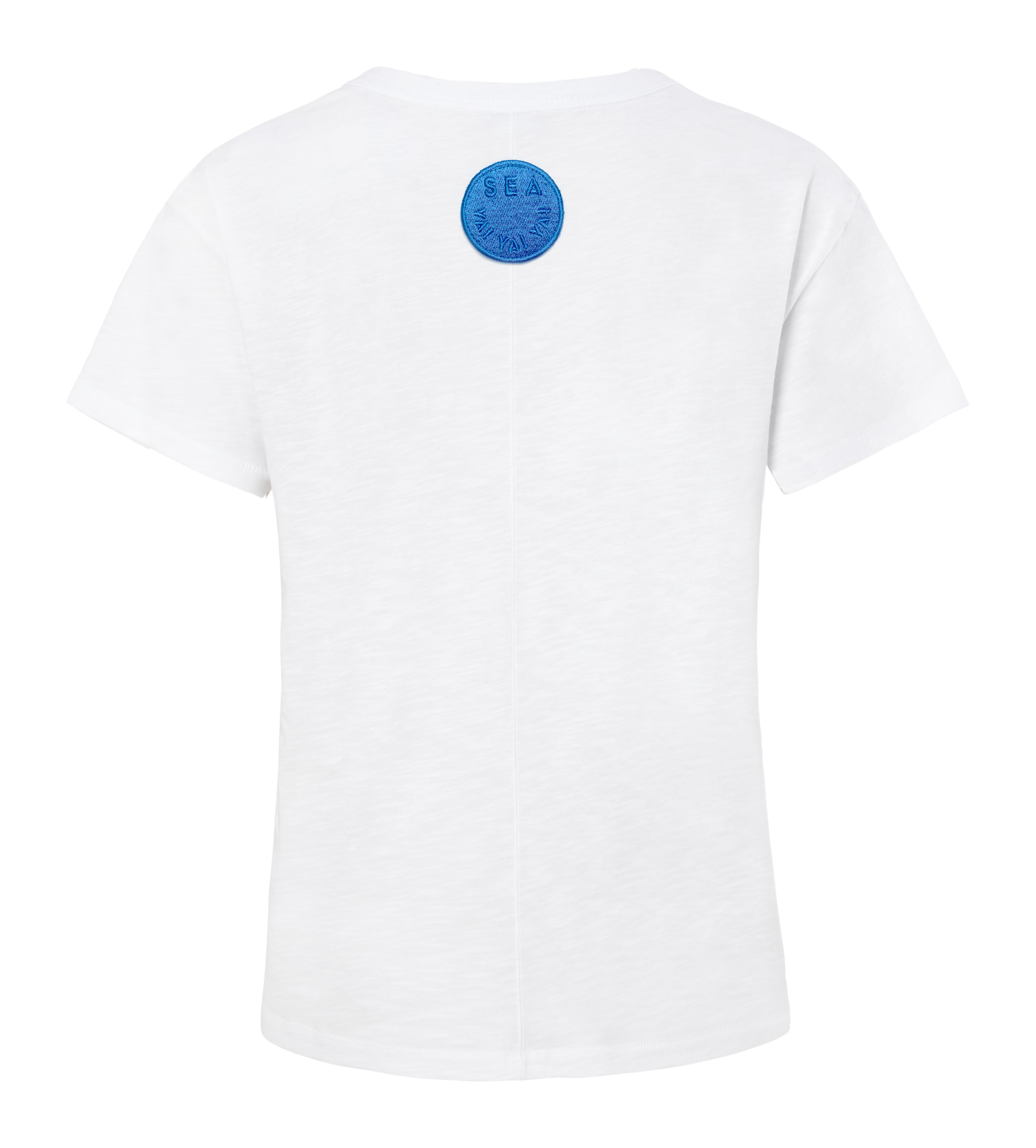 weißes T-Shirt aus Organic Cotton mit blauer Stickerei